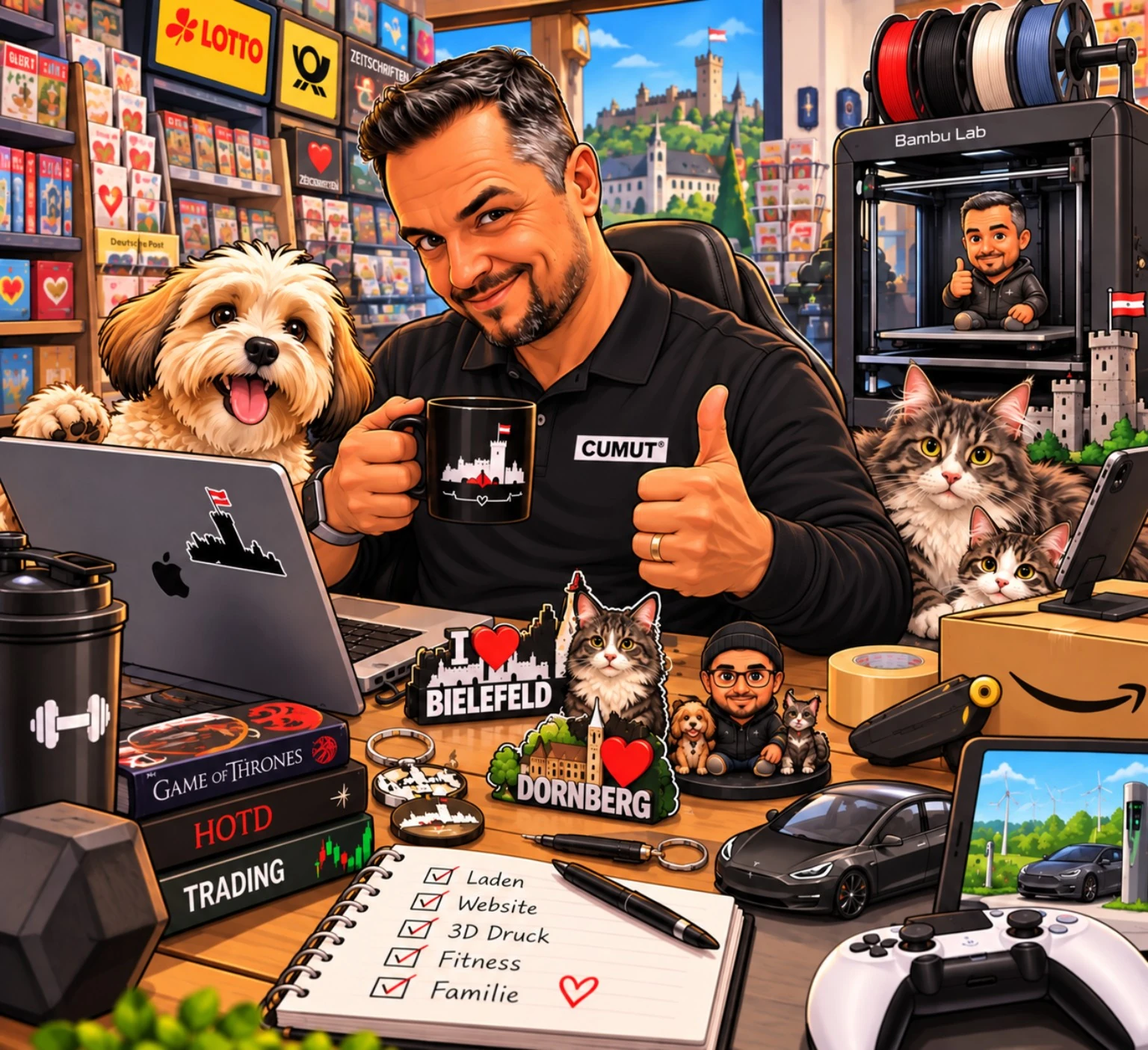 Karikatur von Aydin Cumut im Laden, mit Bielefeld-Motiven, 3D-Drucker, Hund und Katzen