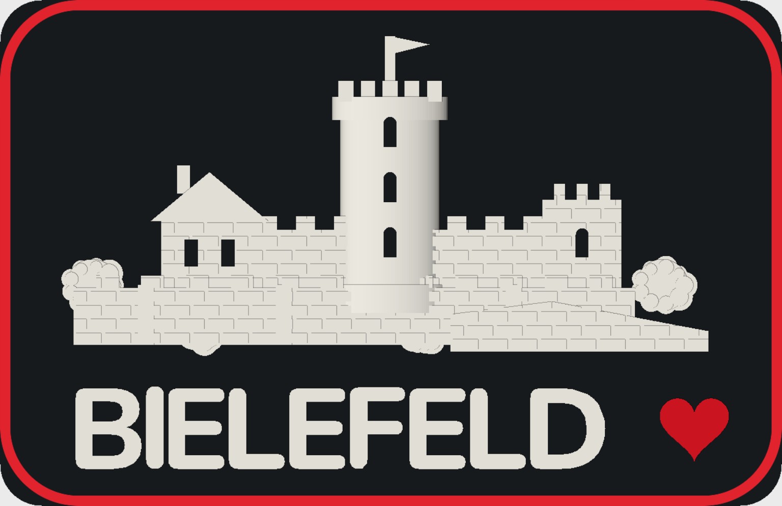Bielefeld-Motiv mit Sparrenburg, rotem Herz und rotem Rahmen