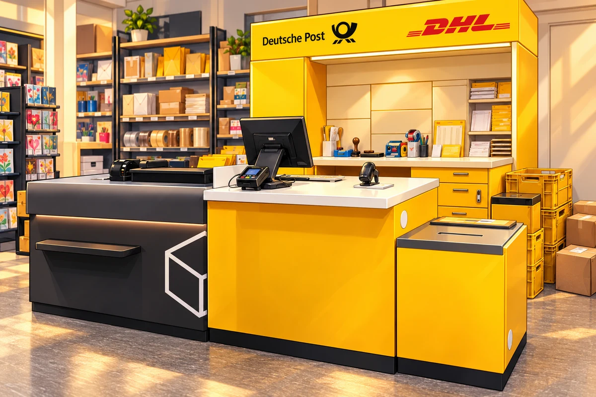 Weich gezeichnete Illustration unserer gelben Post- und DHL-Theke mit Versandmaterial und Paketen
